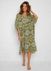 Sukienka plażowa oversize z lekkiego szyfonu. Zielone sukienki bonprix, na plażę, bez wzorów, z szyfonu, bez kołnierzyka, bez ramiączek, maxi, oversize. Za 134.99 zł.