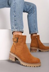 Brązowe Botki w Klasycznym Stylu z Minimalistycznym Paskiem Ardiama. Brązowe botki Renee, bez wzorów, z jeansu, casualowe, bez obcasa, na obcasie, bez zapięcia. W wyprzedaży za 76.99 zł.