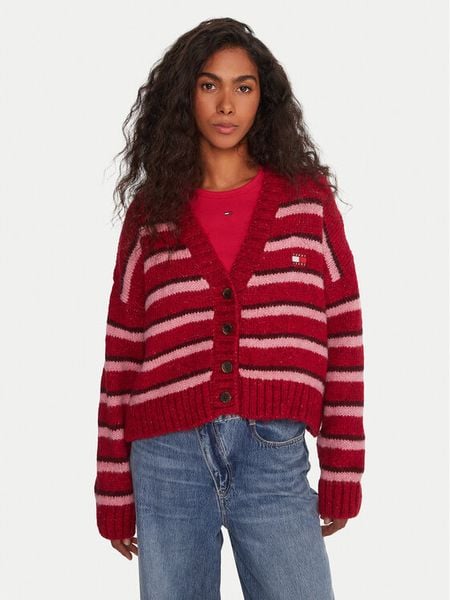 Tommy Jeans Kardigan Badge DW0DW21678 Czerwony Relaxed Fit. Czerwone swetry Tommy Jeans, m, bez wzorów, z jeansu, bez ramiączek. Za 359.99 zł.