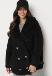 Czarna Kurtka z Futerka Typu Baranek o Dwurzędowym Kroju z Ozdobnymi Paskami Nikina. Czarne kurtki Born2be, m, bez wzorów, z jeansu, eleganckie, bez kaptura. Za 269.99 zł.