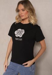 Czarna Bawełniana Bluzka Ozdobiona Napisem i Haftem Nalanith. Czarne bluzki Renee, l, bez wzorów, z bawełny, eleganckie, bez kołnierzyka, bez ramiączek. W wyprzedaży za 35.99 zł.