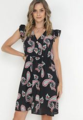 Czarna Rozkloszowana Sukienka z Wiskozy we Wzór Paisley Marinetta. Czarne sukienki Born2be, na imprezę, l, z aplikacjami, z wiskozy, bez kołnierzyka, bez ramiączek, mini, rozkloszowane. Za 89.99 zł.