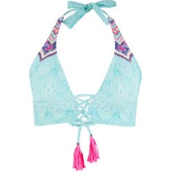 Biustonosz bikini z trójkątnymi miseczkami bonprix turkusowo-biały z nadrukiem. Niebieskie bikini bonprix, bez wzorów. Za 54.99 zł.