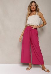 Ciemnofioletowe Spodnie High Waist z Szerokimi Nogawkami z Wiskozą Wykończone Gumką w Talii Crisantas. Fioletowe jeansy Renee, l, bez wzorów, z jeansu, biznesowe, z podwyższonym stanem. W wyprzedaży za 37.49 zł.