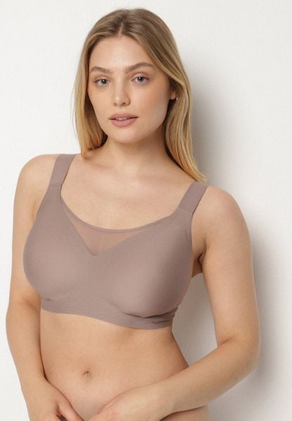 Ciemnobeżowy Gładki Biustonosz z Siateczkową Wstawką i Szerokimi Ramiączkami Salandrea. Brązowe biustonosze Born2be, bez wzorów. Za 69.99 zł.