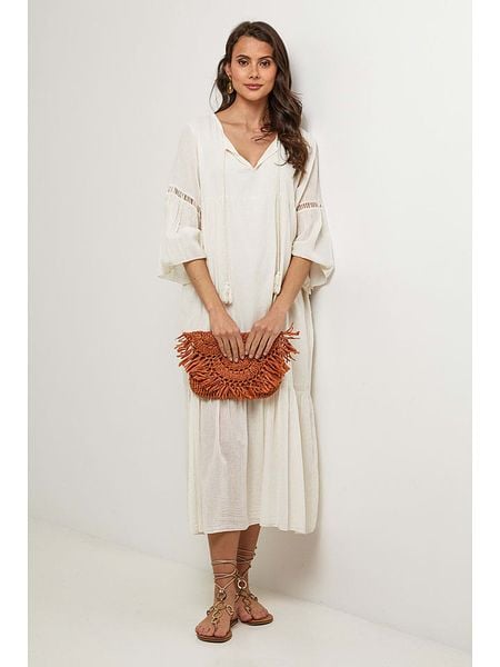 Lin Passion Sukienka w kolorze kremowym rozmiar: 40/42. Brązowe sukienki Lin Passion, na co dzień, bez wzorów, z bawełny, klasyczne, bez kołnierzyka, bez ramiączek, midi, proste. Za 113.63 zł.