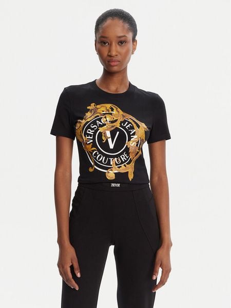 Versace Jeans Couture T-Shirt 79HAHE01 CJ02E Czarny Regular Fit. Czarne t-shirty Versace Jeans Couture, s, bez wzorów, z bawełny, bez kołnierzyka, bez ramiączek. Za 359.99 zł.