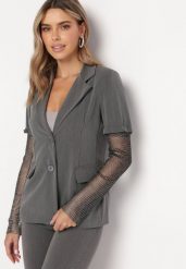 Szara Marynarka z Siateczkowymi Rękawami z Cyrkoniami Vestona. Szare marynarki i żakiety Born2be, m, bez wzorów, eleganckie, bez ramiączek. Za 209.99 zł.