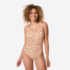 Kostium kąpielowy jednoczęściowy surfingowy damski Decathlon Aurely. Brązowe stroje jednoczęściowe OLAIAN, bez wzorów, z elastanu, eleganckie. Za 69.99 zł.