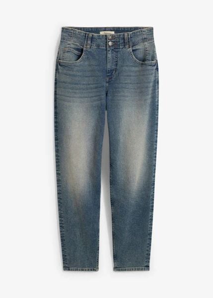 Dżinsy mom, high waist. Niebieskie jeansy bonprix, bez wzorów, z jeansu, z podwyższonym stanem. Za 132.99 zł.