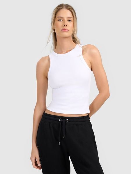 4F Top slim z prążkowanej dzianiny damski - biały M. Białe topy 4f, l, bez wzorów, z dzianiny, bez kołnierzyka, bez ramiączek. Za 49.99 zł.