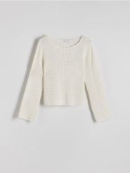 Ażurowy sweter - złamana biel. Swetry Reserved, l, w ażurowe wzory, z bawełny, bez ramiączek. Za 119.99 zł.