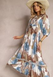 Ciemnobeżowa Sukienka w Stylu Boho z Krótkim Rękawem z Falbanką i Rękawem 3/4 Valendra. Białe sukienki Renee, na co dzień, l, bez wzorów, boho, bez kołnierzyka, plus size, bez ramiączek, maxi. W wyprzedaży za 107.99 zł.