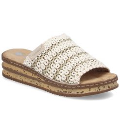 Klapki damskie na koturnie beżowe Rieker 629X8-60. Brązowe klapki Rieker, bez wzorów, z tkaniny, bez obcasa, na koturnie, bez zapięcia. Za 319.00 zł.