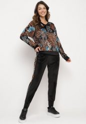 Czarno-Beżowy Welurowy Komplet Dresowy w Panterkę Bluza i Spodnie z Lampasami oraz Gumką w Pasie Ivalethe. Czarne bluzy Born2be, bez wzorów, z dresówki, bez ramiączek, bez kaptura. W wyprzedaży za 110.49 zł.