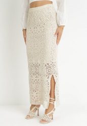 Beżowa Ażurowa Spódnica z Rozcięciem Penelapi. Brązowe spódnice Born2be, m, z aplikacjami, boho, maxi. W wyprzedaży za 101.99 zł.
