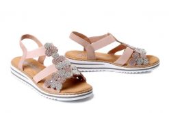 RIEKER V0613-90 pink, sandały damskie. Czerwone sandały Rieker, bez wzorów, bez obcasa, bez zapięcia. Za 271.92 zł.