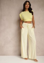 Jasnożółte Szerokie Spodnie High Waist z Gumką w Talii Ilnena. Żółte jeansy Renee, na lato, bez wzorów, z jeansu, biznesowe, z podwyższonym stanem. W wyprzedaży za 75.99 zł.