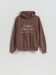 Bluza z nadrukiem - ciemnobrązowy. Brązowe bluzy Reserved, l, bez wzorów, z bawełny, bez ramiączek, bez kaptura. Za 139.99 zł.