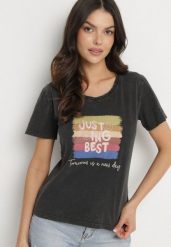 Czarny Bawełniany T-shirt Ozdobiony Nadrukiem Alonera. Czarne t-shirty Born2be, l, bez wzorów, z bawełny, bez kołnierzyka, bez ramiączek. W wyprzedaży za 38.24 zł.
