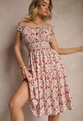 Biało-Różowa Bawełniana Sukienka z Guzikami o Rozkloszowanym Kroju w Kwiatowy Print Roniselle. Białe sukienki Renee, na co dzień, l, bez wzorów, z bawełny, eleganckie, bez kołnierzyka, bez ramiączek, midi, rozkloszowane. W wyprzedaży za 39.99 zł.
