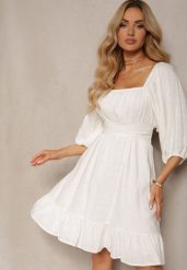 Biała Sukienka z Lnem i Wiskozą Wykończona Podszewką Falbanką i Gumką w Talii Alzemia. Białe sukienki Renee, na co dzień, m, bez wzorów, z wiskozy, eleganckie, bez kołnierzyka, bez ramiączek, mini, kopertowe. W wyprzedaży za 143.99 zł.