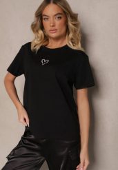 Czarna Bawełniana Bluzka z Motywem Serca Nalithra. Czarne bluzki Renee, m, bez wzorów, z bawełny, eleganckie, bez kołnierzyka, bez ramiączek. W wyprzedaży za 31.99 zł.