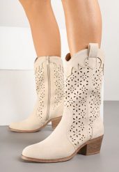 Beżowe Ażurowe Botki na Obcasie w Stylu Kowbojek Lissemi. Brązowe botki Born2be, w ażurowe wzory, z jeansu, eleganckie, bez obcasa, na obcasie, bez zapięcia. W wyprzedaży za 119.99 zł.