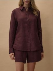 Lniana koszula - ciemnobrązowy. Brązowe koszule Reserved, l, bez wzorów, z tkaniny, bez kołnierzyka, bez ramiączek. Za 199.99 zł.