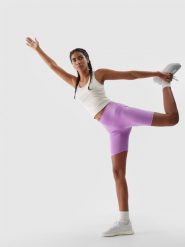 4F Legginsy kolarki treningowe z materiału z recyklingu damskie - fioletowe XL. Fioletowe legginsy 4f, bez wzorów, z dzianiny, sportowe. Za 39.99 zł.