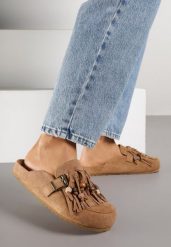 Jasnobrązowe Klapki na Platformie Ozdobione Koralikami Klamrami i Frędzlami Leurecea. Brązowe klapki Renee, bez wzorów, z jeansu, eleganckie, bez obcasa, na platformie, bez zapięcia. Za 109.99 zł.