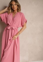 Różowa Rozkloszowana Sukienka z Bawełną i Paskiem Lunapinia. Czerwone sukienki Renee, na co dzień, l, bez wzorów, z bawełny, bez kołnierzyka, bez ramiączek, maxi, kopertowe. W wyprzedaży za 67.99 zł.