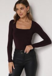 Bordowa Bluzka z Wiskozą z Długim Rękawem i Kwadratowym Dekoltem Alexussi. Czerwone bluzki Born2be, l, bez wzorów, z jeansu, biznesowe, bez kołnierzyka, bez ramiączek. Za 79.99 zł.