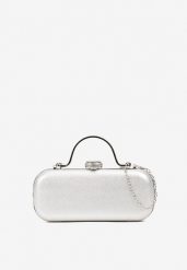 Srebrna Torebka Koktajlowa Zapinana na Zatrzask z Łańcuszkiem i Rączką Ozdobiona Cyrkoniami Carsea. Szare torebki klasyczne Renee, bez wzorów, z jeansu, eleganckie, małe, bez dodatków. Za 99.99 zł.