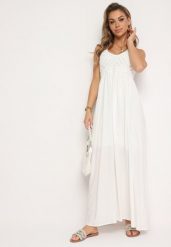 Biała Bawełniana Rozkloszowana Sukienka Wiązana na Szyi Nonnea. Białe sukienki Born2be, na spotkanie biznesowe, l, bez wzorów, z bawełny, eleganckie, bez kołnierzyka, bez ramiączek, maxi, rozkloszowane. W wyprzedaży za 101.99 zł.