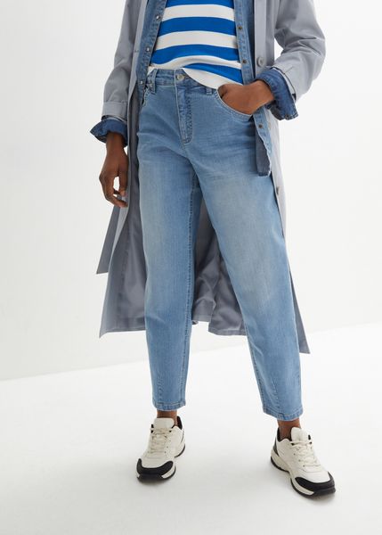 Dżinsy Barrel, high waist, cropped. Niebieskie jeansy bonprix, bez wzorów, z jeansu, z podwyższonym stanem. Za 144.99 zł.