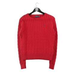Second life - Polo Ralph Lauren Sweter damski warkoczowy czerwony - Jak nowy. Czerwone swetry Ralph Lauren, l, bez wzorów, z jeansu, eleganckie, bez ramiączek. Za 255.56 zł.