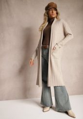 Beżowy Nierozpinany Kardigan o Długim Kroju z Wiskozą i Kieszeniami Naralie. Brązowe swetry Renee, na zimę, l, bez wzorów, z wiskozy, plus size, bez ramiączek. W wyprzedaży za 111.99 zł.