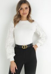 Biały Sweter z Bufiastym Ażurowym Rękawem Cayemi. Białe swetry Born2be, z aplikacjami, z dzianiny, eleganckie, bez ramiączek. W wyprzedaży za 127.49 zł.