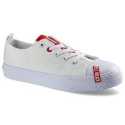 Trampki damskie Big Star, z materiałową cholewką wiązaniem na oczka gumowym noskiem i podwyższoną elastyczną podeszwą, białe, HH274675. Białe trampki BIG STAR, bez wzorów, z gumy, retro, bez zapięcia. Za 77.50 zł.