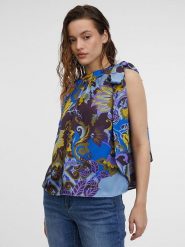 Orsay Top w kolorze niebiesko-fioletowym rozmiar: 36. Niebieskie topy Orsay, bez wzorów, bez kołnierzyka, bez ramiączek. Za 54.95 zł.