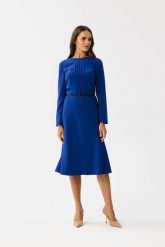 Chabrowa Midi Sukienka Trapezowa z Przeszyciami. Niebieskie sukienki MOE, l, bez wzorów, z elastanu, bez kołnierzyka, bez ramiączek, midi, trapezowe. Za 316.90 zł.