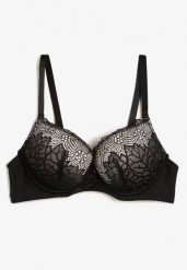 Czarno-Beżowy Biustonosz Push Up z Ozdobną Koronką i Zawieszką Gialine. Czarne biustonosze Renee, z aplikacjami, z koronki. W wyprzedaży za 31.99 zł.
