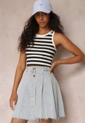 Jasnoniebieska Jeansowa Spódnica Mini z Zakładkami Hollette. Niebieskie spódnice Renee, m, z aplikacjami, z jeansu, eleganckie, mini. W wyprzedaży za 47.99 zł.