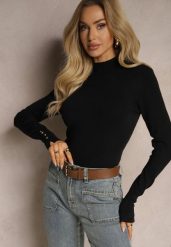 Czarny Sweter z Półgolfem i Ozdobnymi Guzikami Delahra. Czarne swetry Renee, m, bez wzorów, z jeansu, eleganckie, bez ramiączek. W wyprzedaży za 55.99 zł.