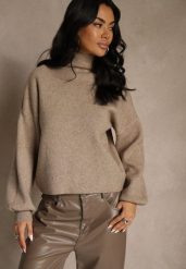 Beżowy Golf Ozdobiony Ściągaczami Wedena. Brązowe swetry Renee, l, bez wzorów, z jeansu, bez ramiączek. Za 69.99 zł.