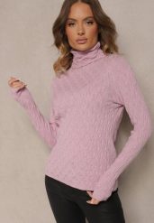 Jasnofioletowy Golf z Wiskozą w Tłoczony Wzór Przeszyty Metaliczną Nitką Neldora. Fioletowe swetry Renee, na zimę, bez wzorów, z jeansu, eleganckie, bez ramiączek. W wyprzedaży za 71.99 zł.