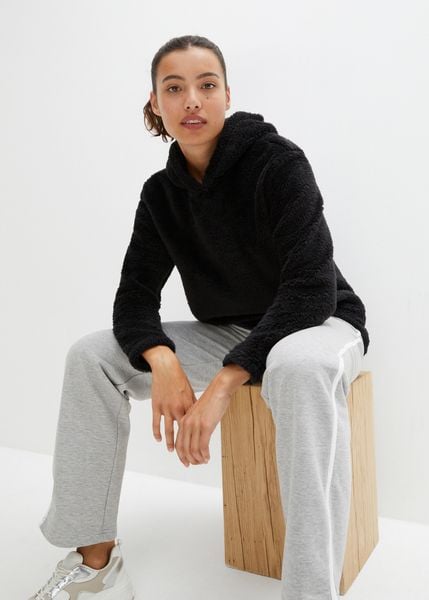 Miękka długa bluza z polaru, oversized. Czarne bluzy bez kaptura bonprix, bez wzorów, z polaru. Za 109.99 zł.