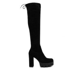 Kozaki DeeZee. Czarne kozaki DeeZee, bez wzorów, bez obcasa, na słupku, bez zapięcia. Za 229.99 zł.