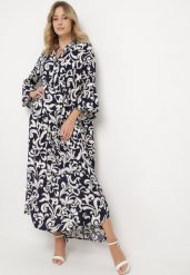 Granatowo-Biała Wiskozowa Sukienka Ozdobiona Ornamentalnym Wzorem Golilena. Niebieskie sukienki Born2be, na co dzień, m, bez wzorów, z jeansu, eleganckie, bez kołnierzyka, bez ramiączek, maxi, proste. Za 119.99 zł.